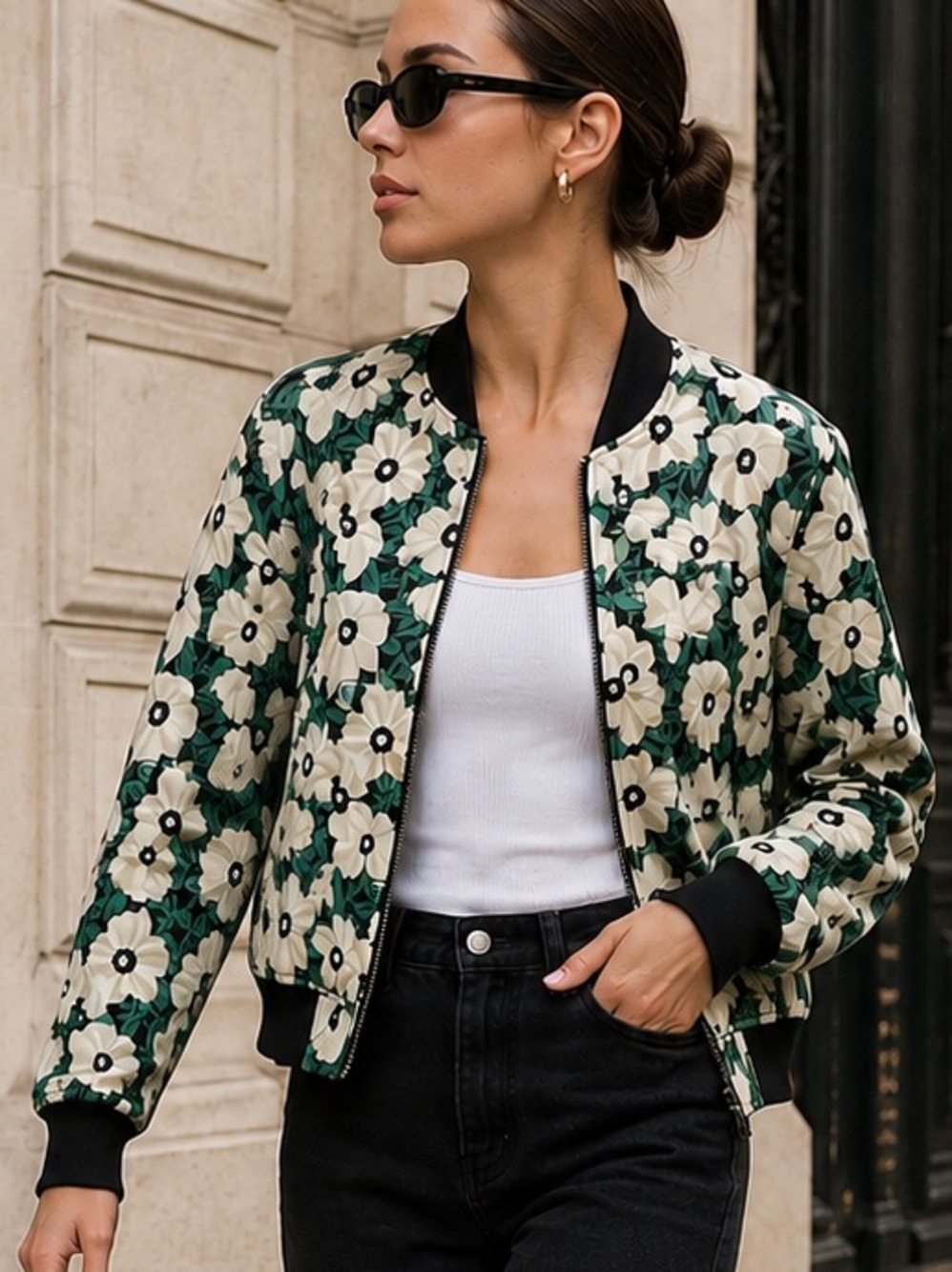Who What Wear Floral Bomber Jacket Daisy Print Green Black Cream Black Trim Sz S
